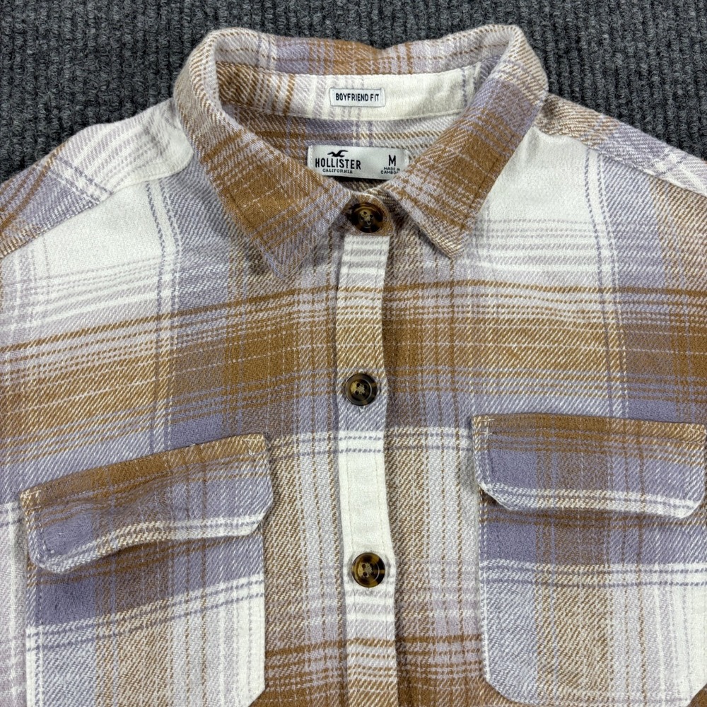 Hollister Flannel Shirt Women Medium Lavender Tan Plaid Boyfriend Fit Button Up